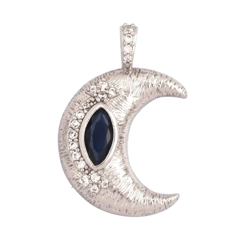 18k Silver Plated Moon Pendant With Blue Zirconia 23mm, 1pc