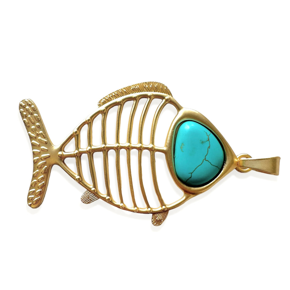 Gold Plated Fish Bone with Turquoise Pendant 4 inches, 1pc