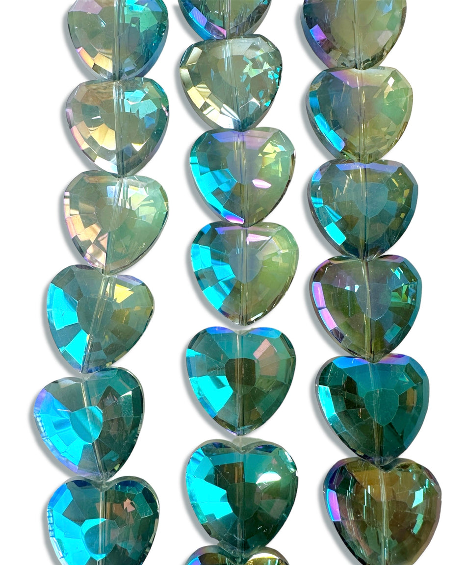 Faceted Tornasol Heart Bead Crystal Strand, 35mm