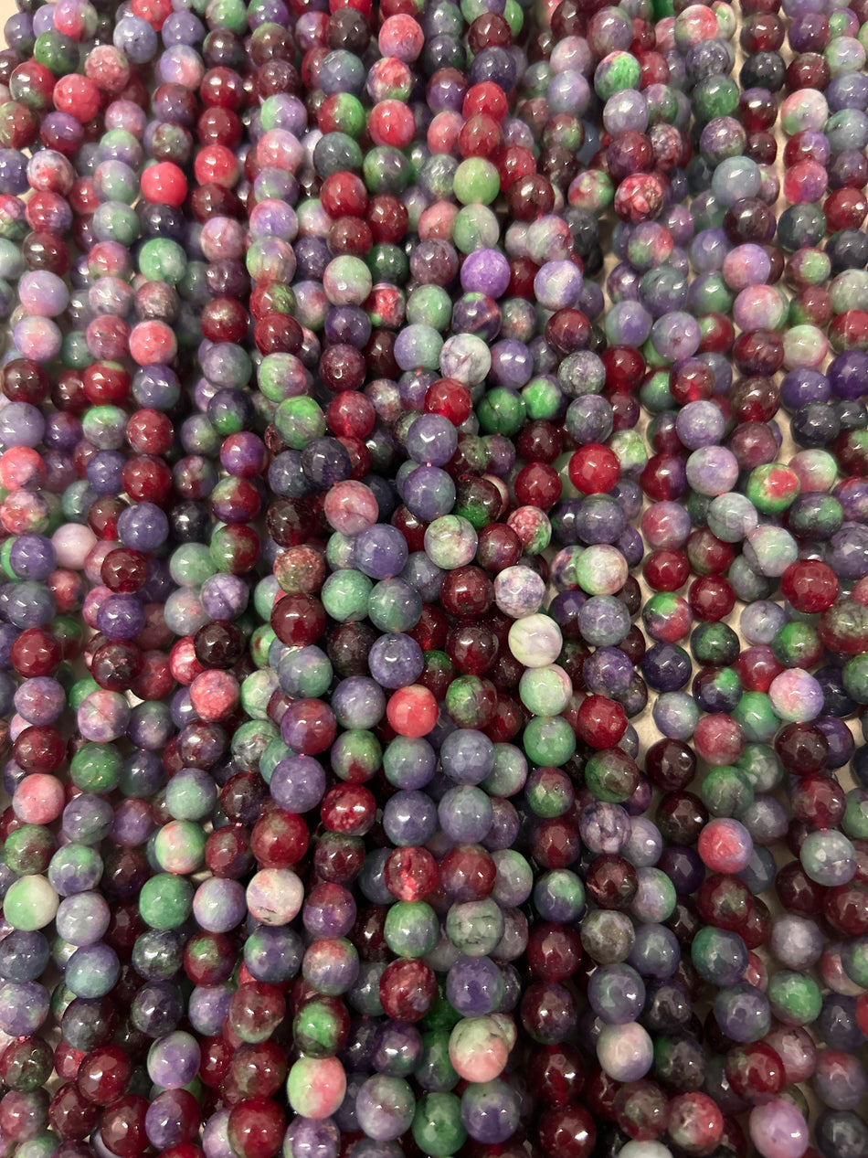Dark Multicolor Faceted Round Bead Jade Strand, 8mm