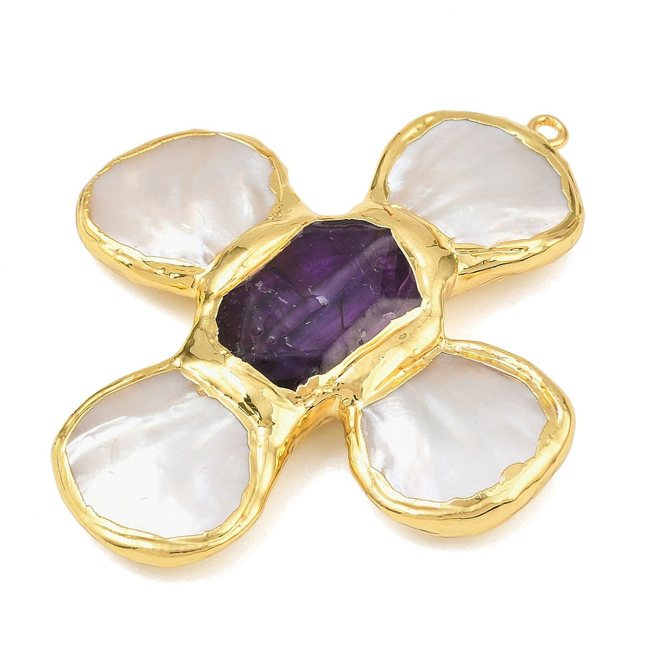 Natural Amethyst & Shell Pearl Cross Pendant 62mm, 1pc