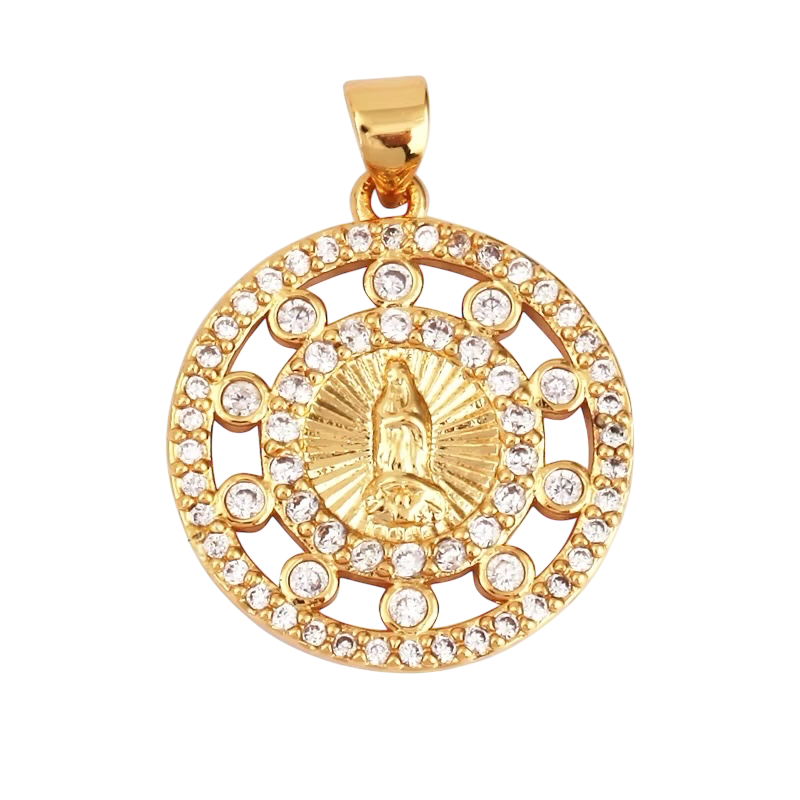 18k Gold Flat Round Virgin Pendant with Zirconia 22mm, 1pc