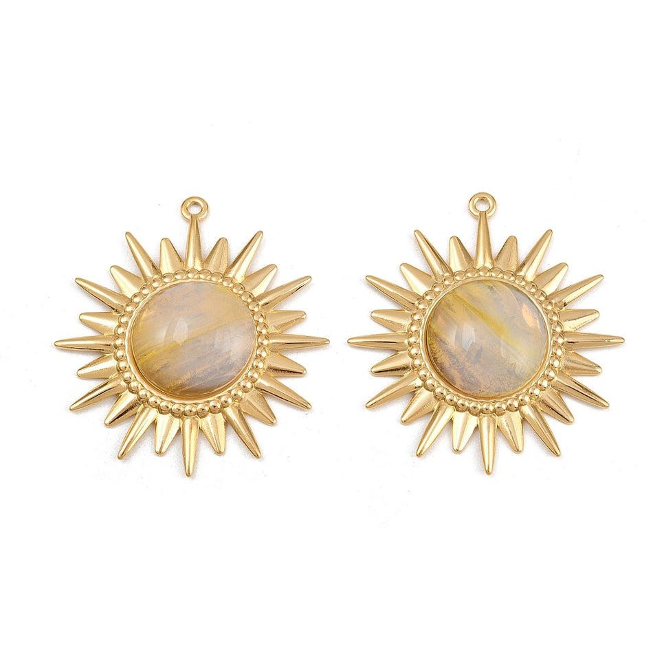 Stainless Steel Golden Sun Pendant with Glass Bead 56mm, 1pc