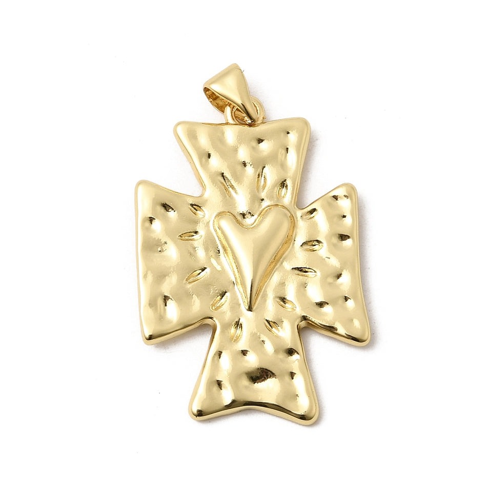 18k Gold-Plated Cross with Heart Pendant 30mm, 2pcs