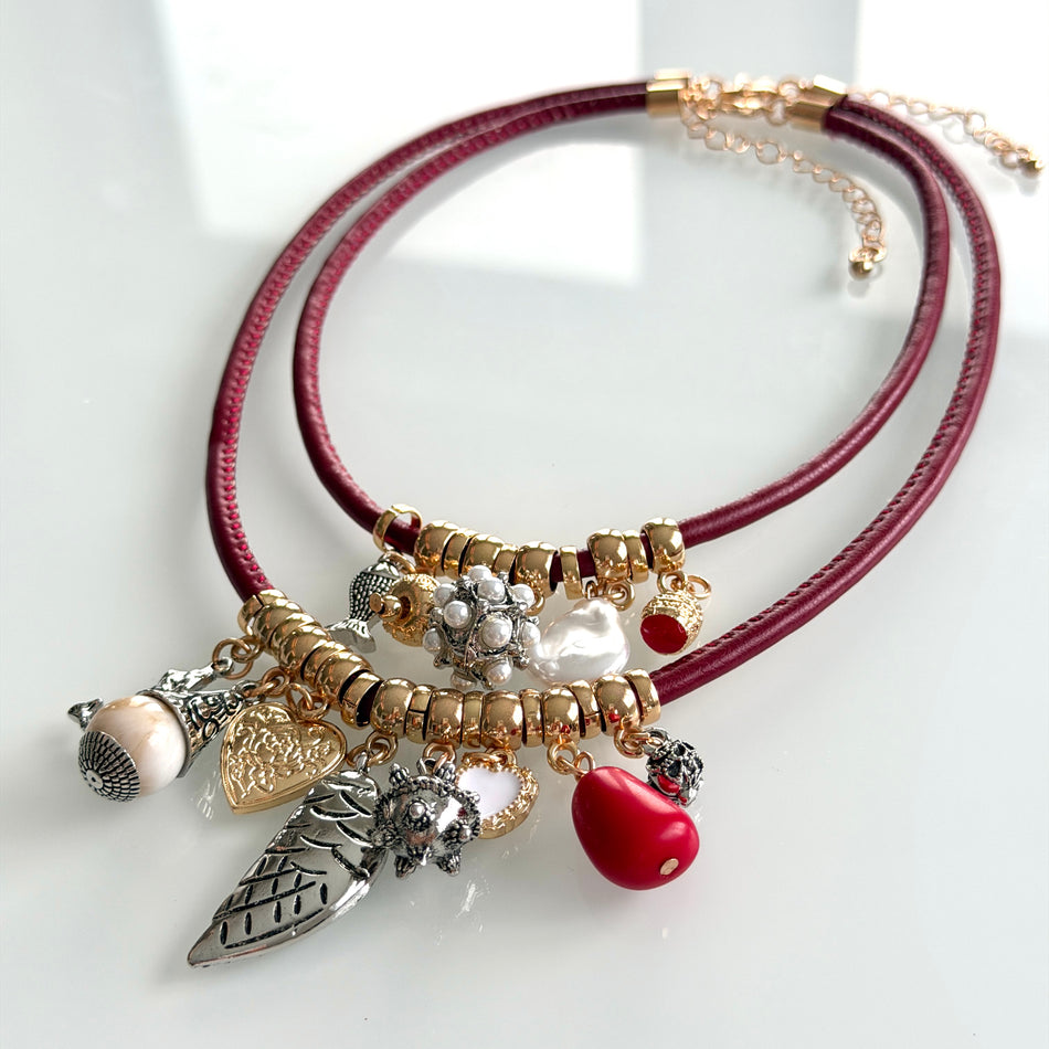 Double-Layer Cord Necklace with Charms