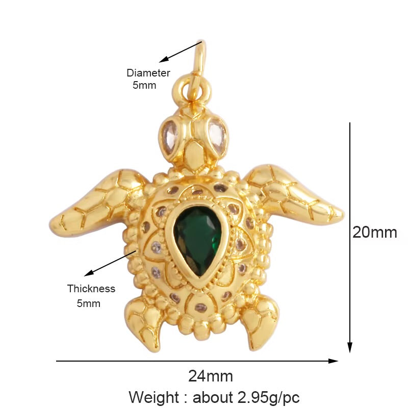 18k Gold Plated Turtle Pendant With Green Zirconia 20mm, 1pc
