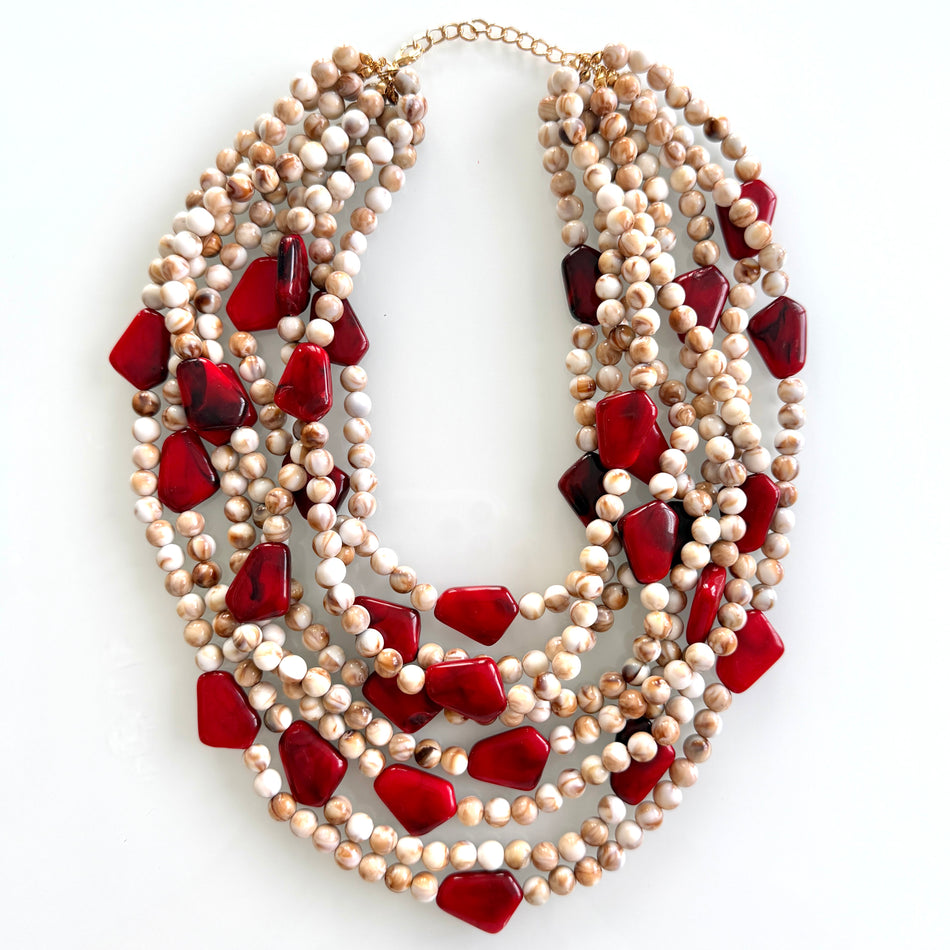 Statement Necklace featuring Red and Beige Resin Beads, 20inch