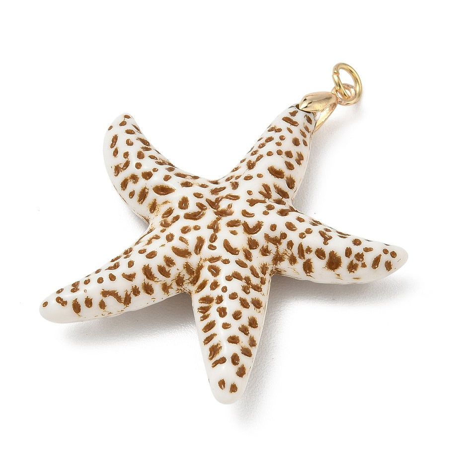 Acrylic Textured White & Brown Starfish Pendant 54mm, 5pcs