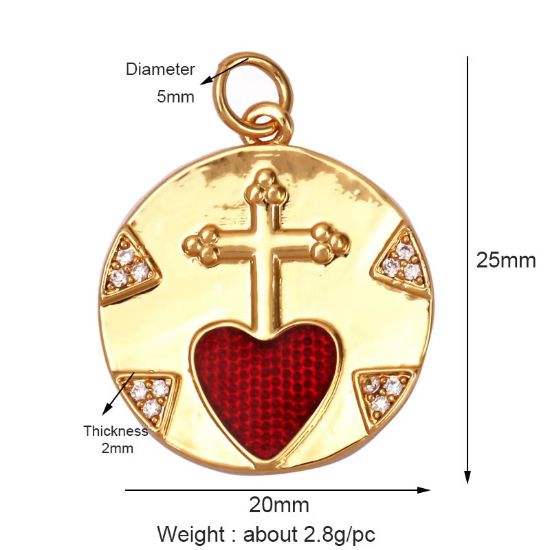 18k Gold Flat Round Heart and Cross Pendant 25mm, 1pc