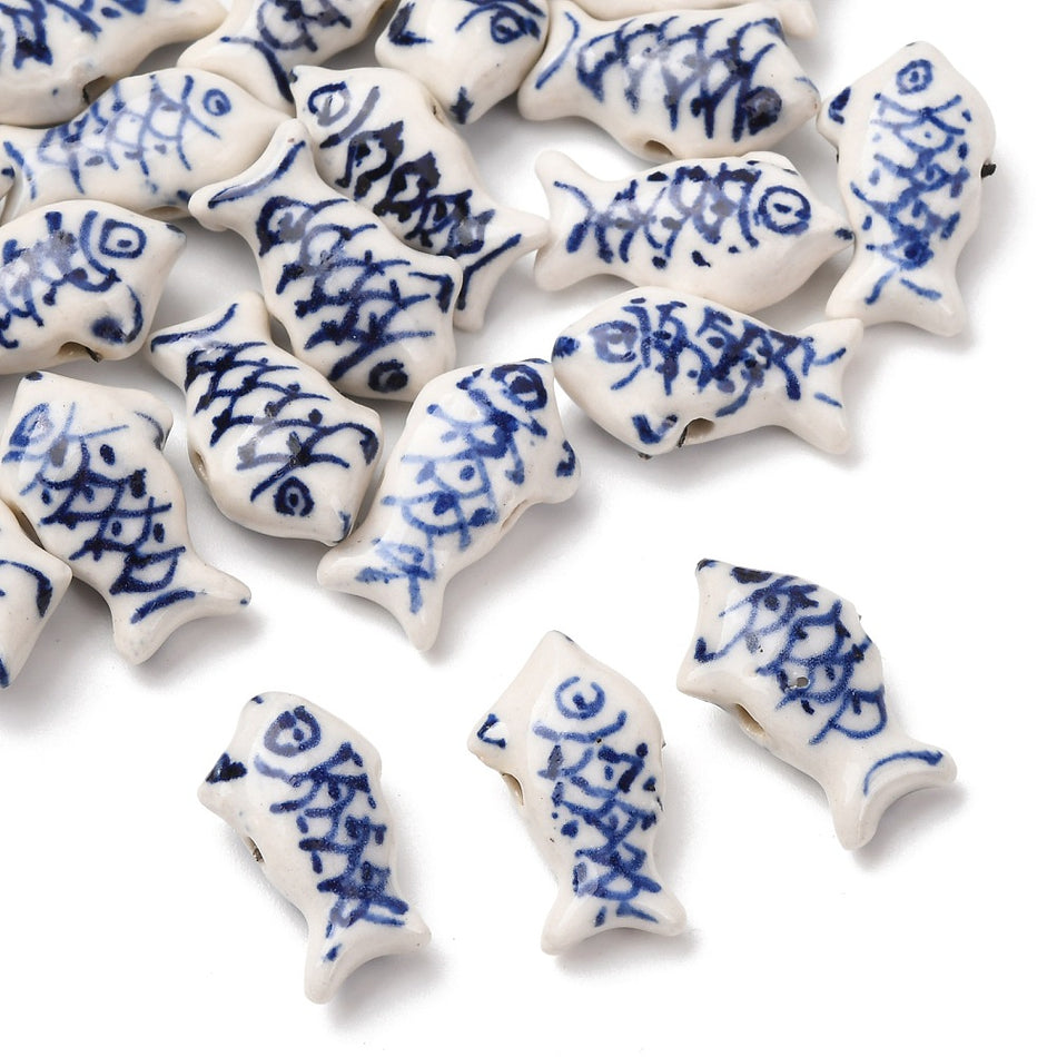 Ceramic White & Blue Fish Beads 20mm, 4pcs