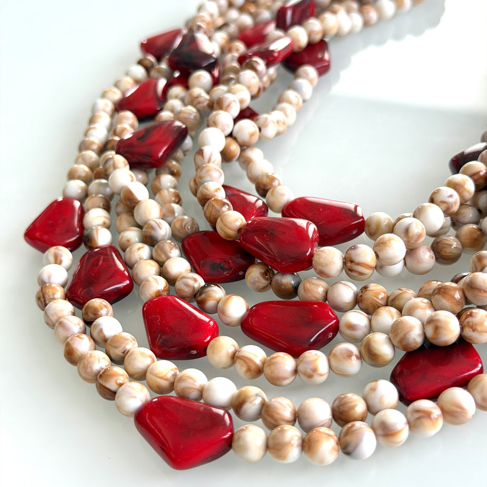 Statement Necklace featuring Red and Beige Resin Beads, 20inch