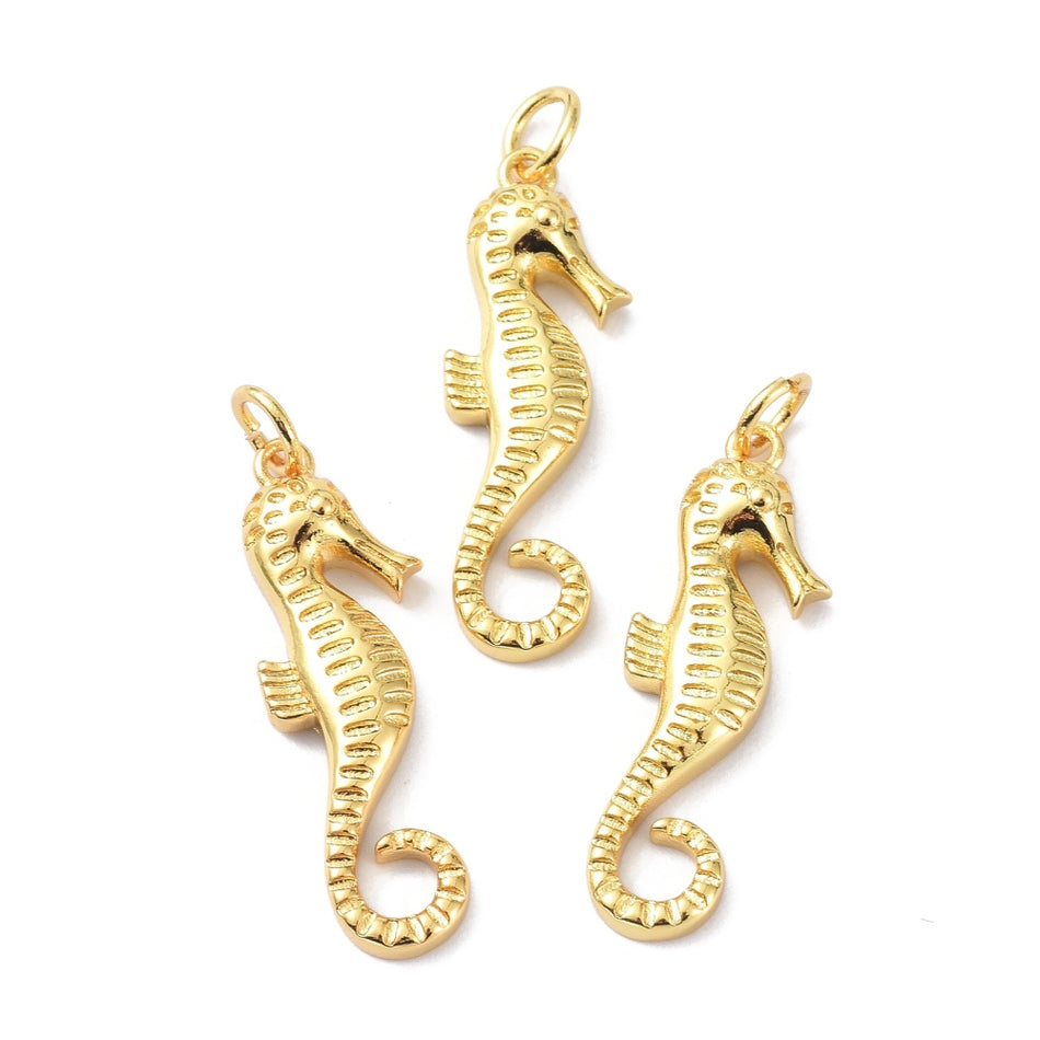 18K Gold Plated Seahorse Pendant 26mm, 2pcs