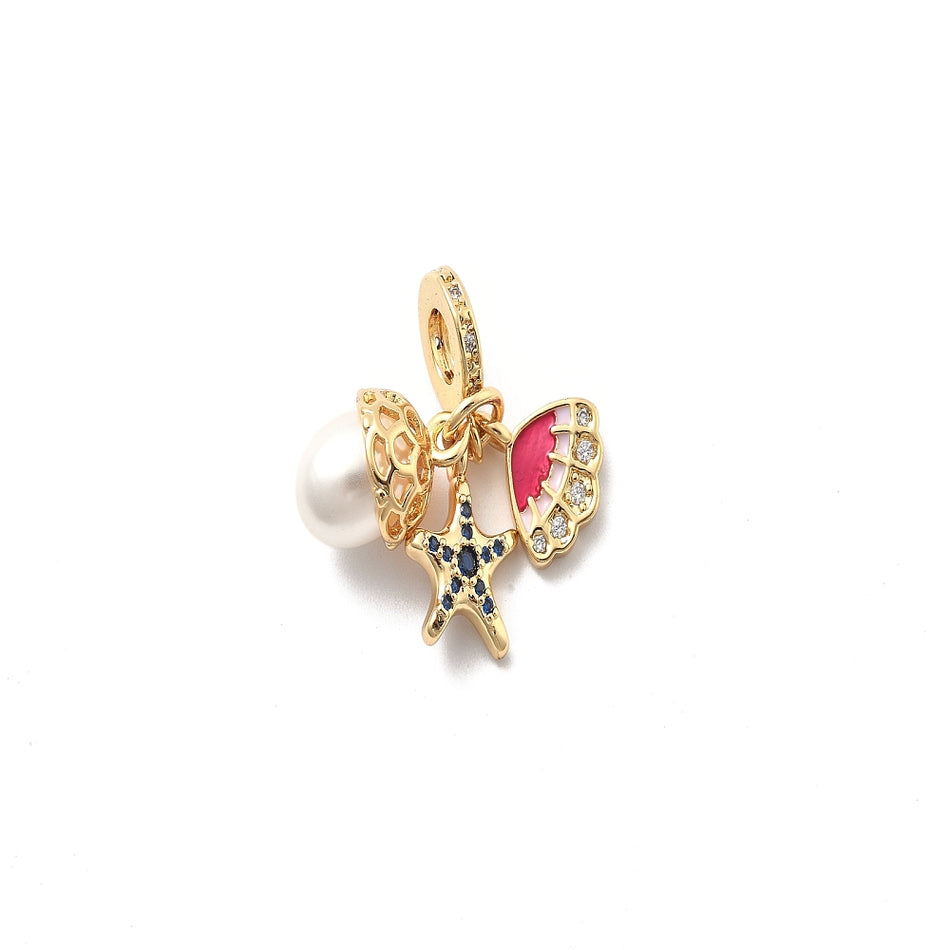18k Gold-Plated Starfish and Shell with Pearl Pendant 30mm, 1pc