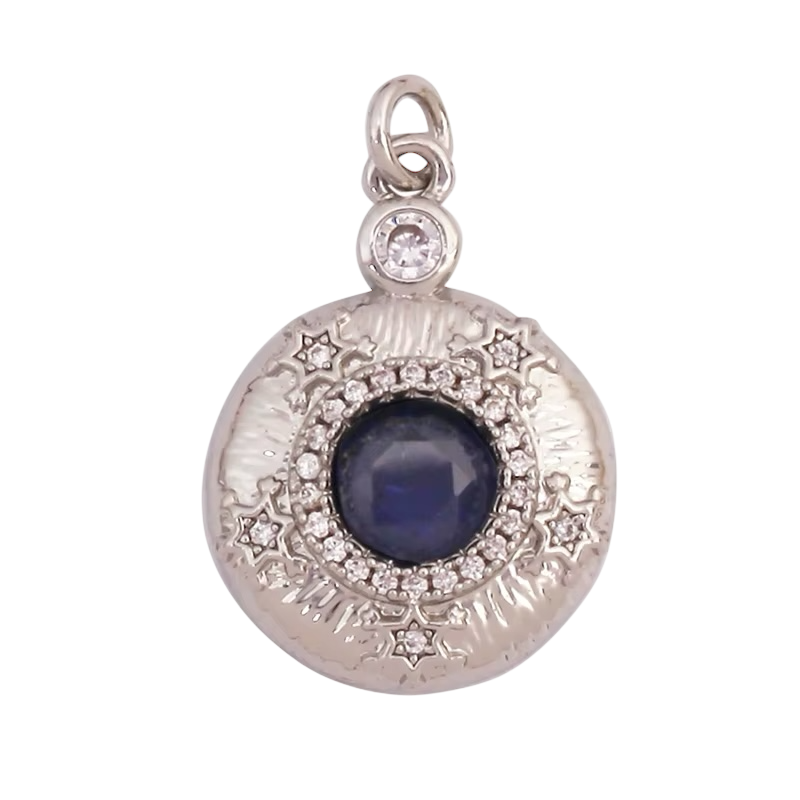 18k Silver Plated Flat Round Pendant With Blue Zirconia 22mm, 1pc