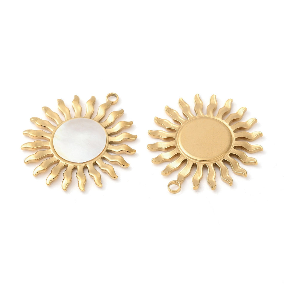 Stainless Steel Natural Shell Sun Pendant 38mm, 1pc