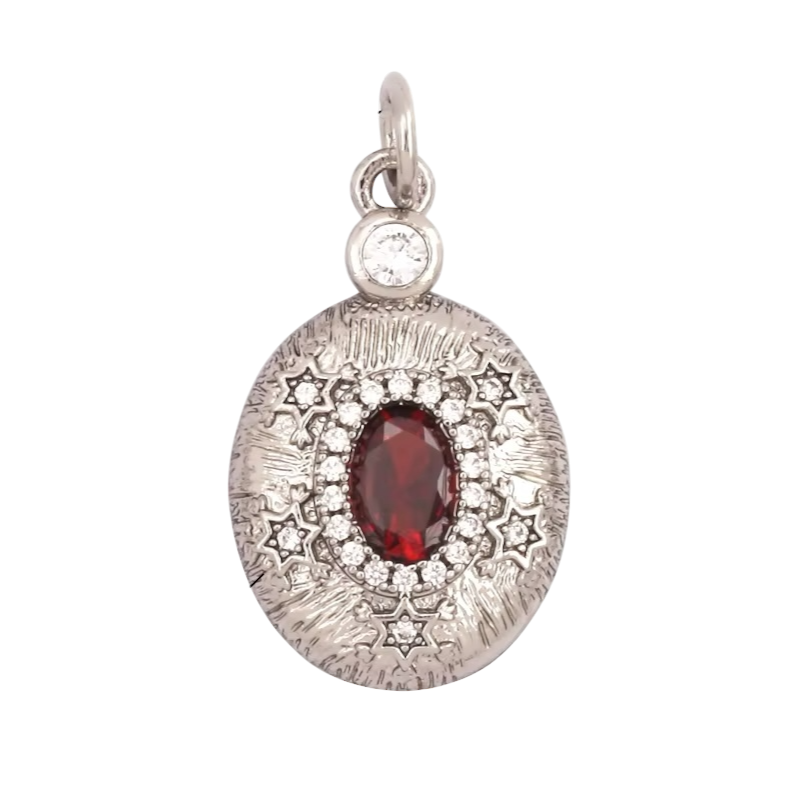 18k Silver Plated Oval Pendant With Red Zirconia 23mm, 1pc