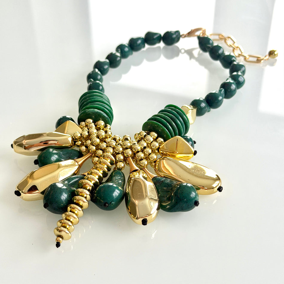 Statement Necklace featuring Green Resin Beads and Gold Details, 21inch