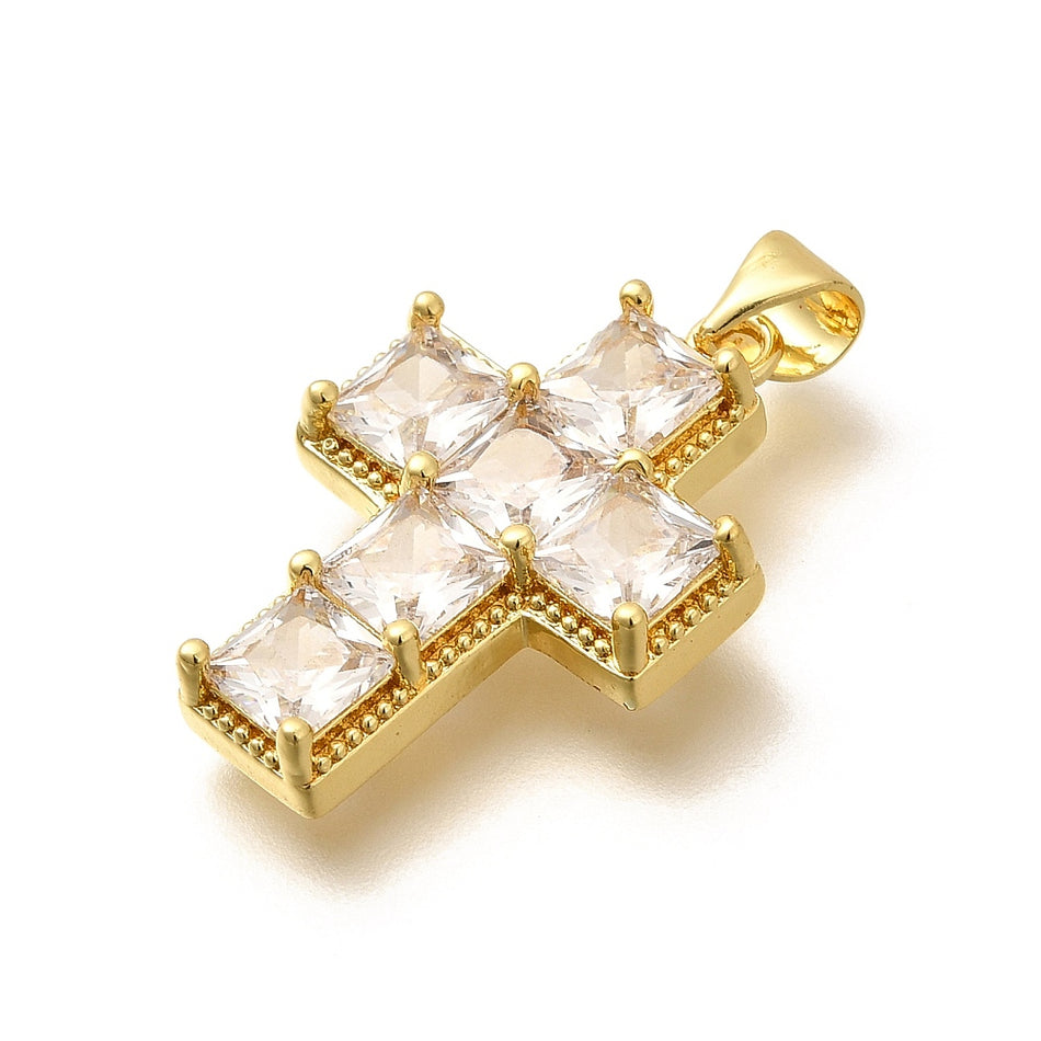 18k Gold-Plated Cross Pendant 26mm with Cubic Zirconia, 1pc