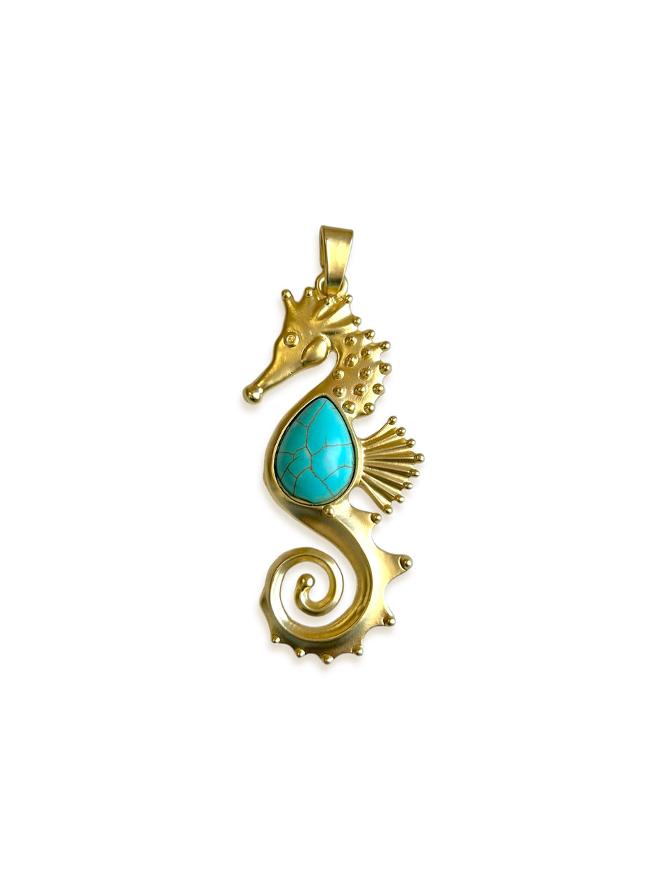 Turquoise Gold Filled Matte Seahorse Pendant, 1pc