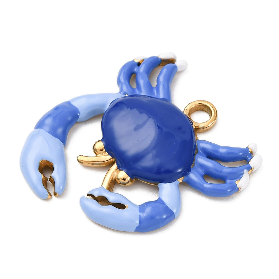 Stainless Steel Crab with Blue Enamel Pendant 28mm, 1pc