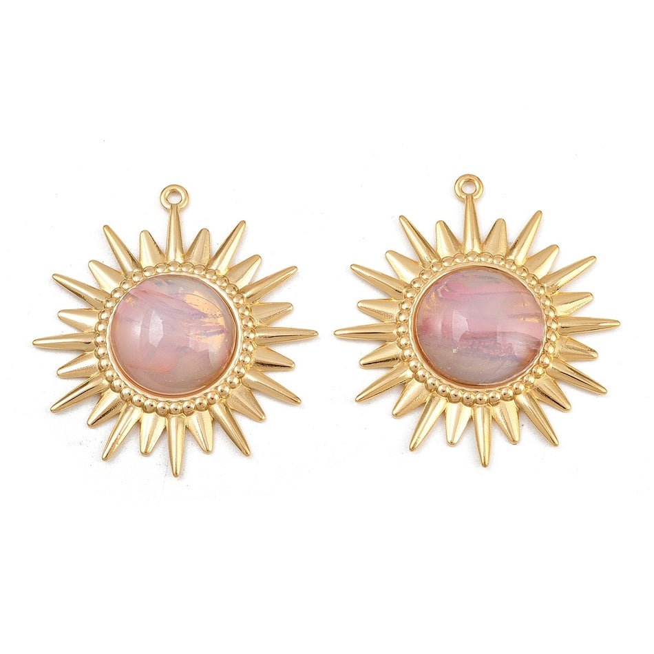 Stainless Steel Golden Sun Pendant with Glass Bead 56mm, 1pc
