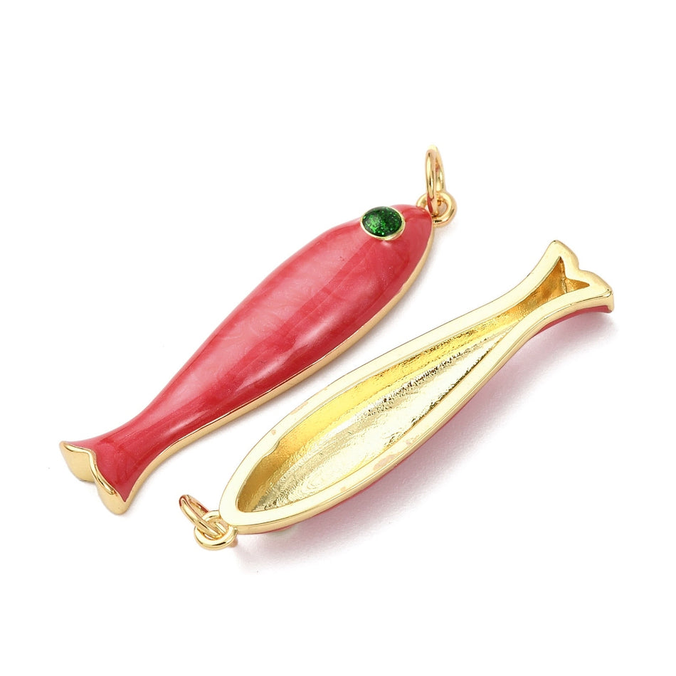 18k Gold-Plated Fish Enamel Pendant 34mm with Jump Ring, 1pc