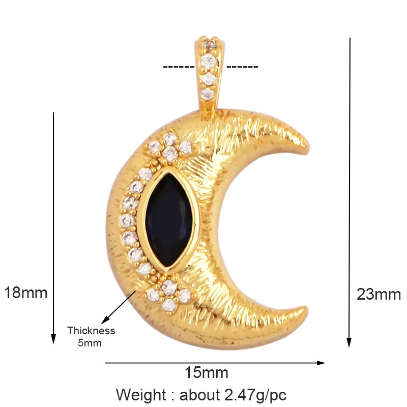 18k Gold Plated Moon Pendant With Navy Blue Zirconia 23mm, 1pc