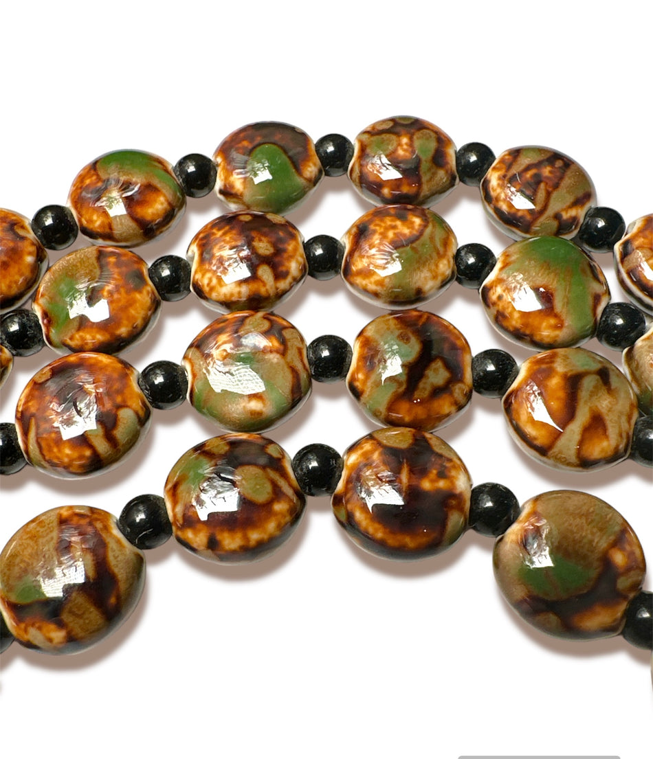 Brown & Green Flat Round Ceramic Strand, 15mm