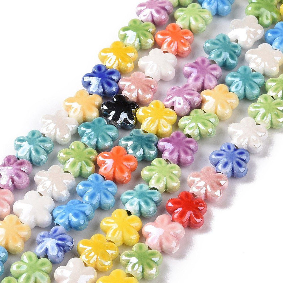 Multicolor Five Petal Flower Ceramic Strand, 12mm