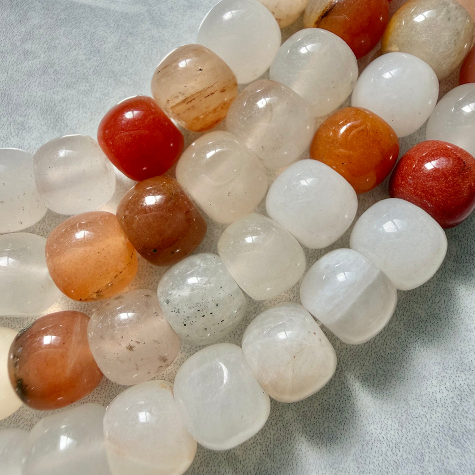 Round Barrel White-Orange Jade Bead 8mm Strand