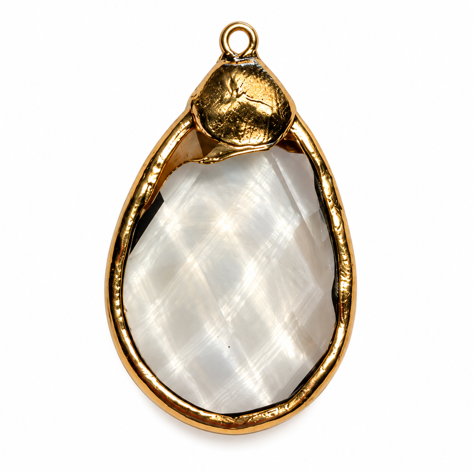 Faceted Crystal Teardrop Pendant with Gold Edge, Size 42mm 1Pc