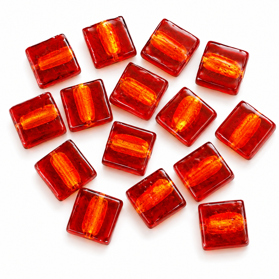 Foil Lampwork Beads, Square, Size 20x20mm, 6mm thick, hole: 1.5mm, Package of 10pcs