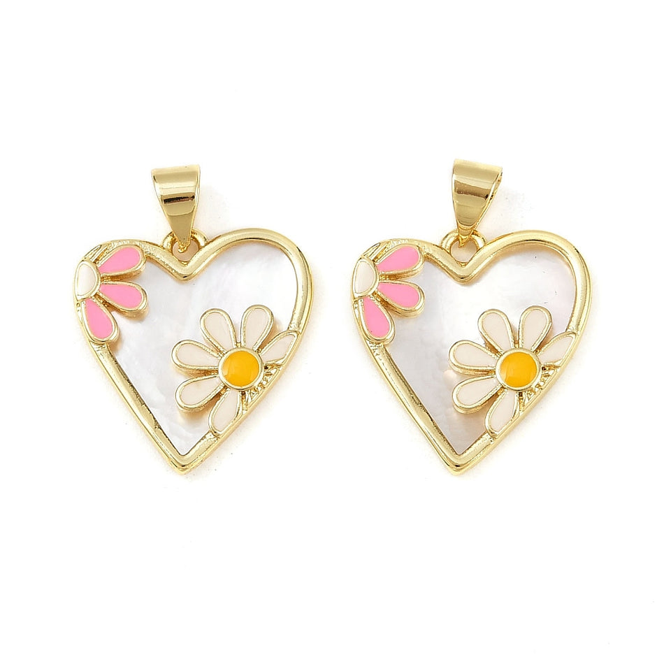 Enamel Pendants, with Natural Shell, Heart with Flower Charm, Gold-Filled 18.5mm, 1pc
