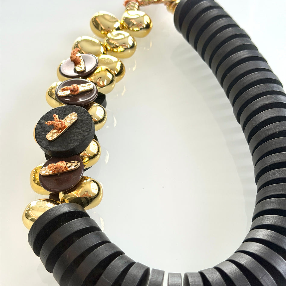 Statement Necklace featuring Rondelle Wood Beads and Gold Details, 20inch