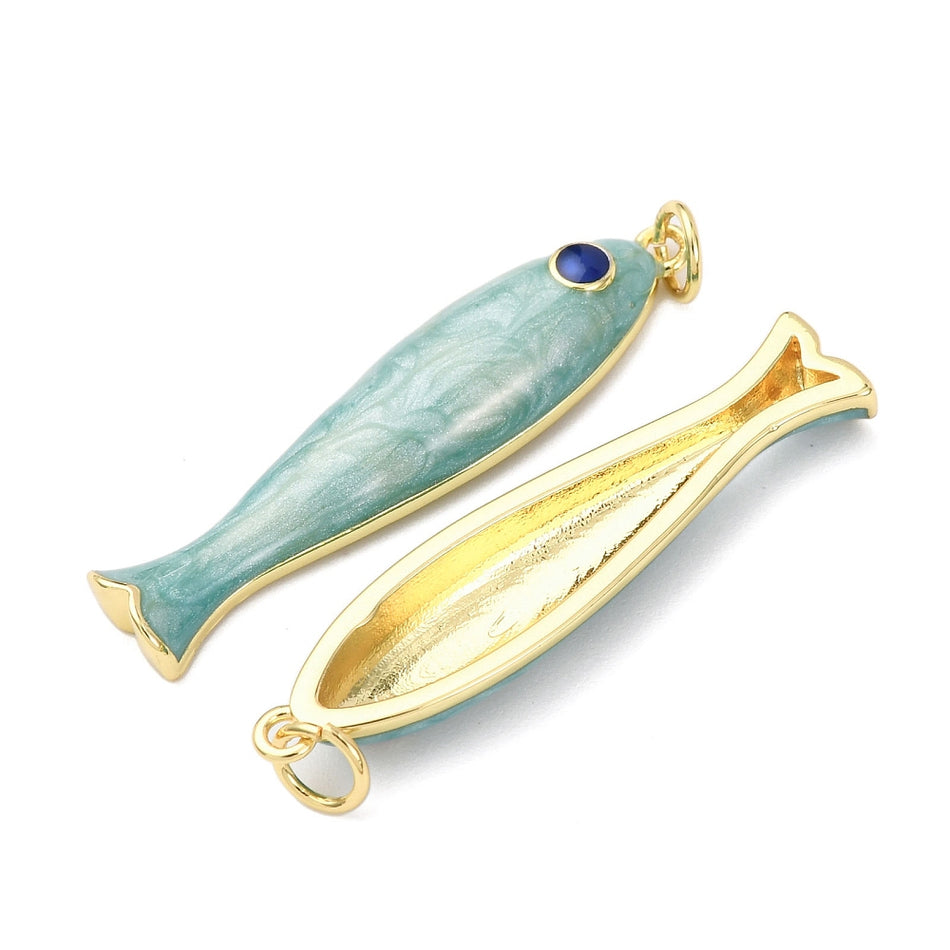 18k Gold-Plated Fish Enamel Pendant 34mm with Jump Ring, 1pc