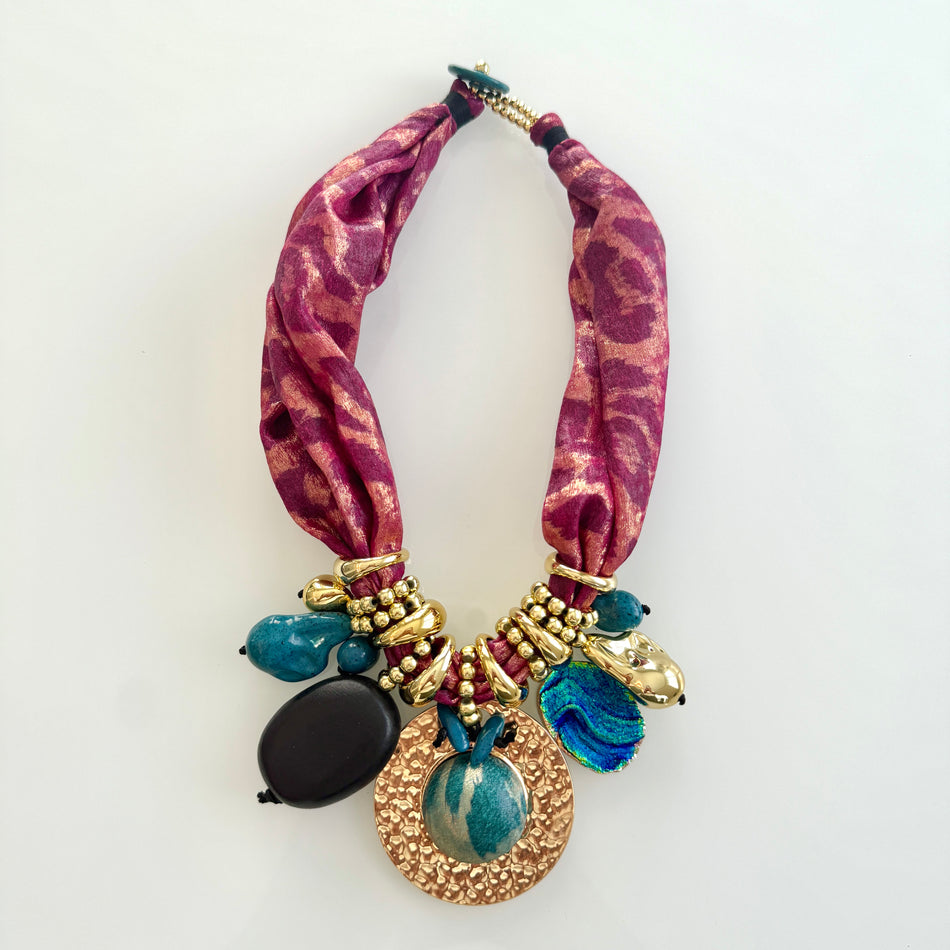 Statement Necklace Featuring a Soft Satin Animal Print Fabric Band, 20inch