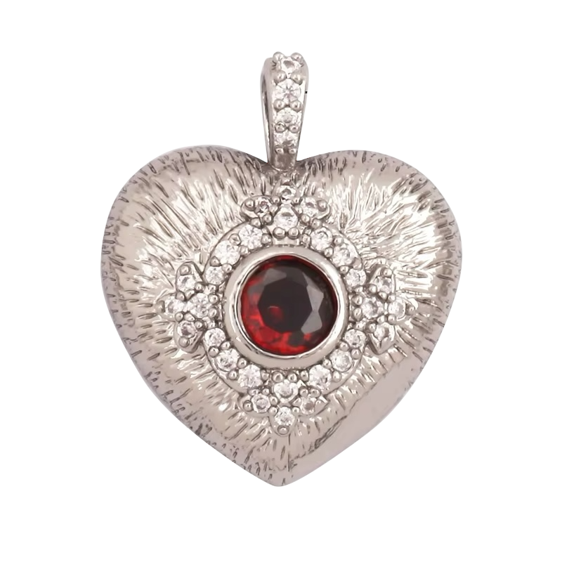 18k Silver Plated Heart Pendant With Red Zirconia 21mm, 1pc