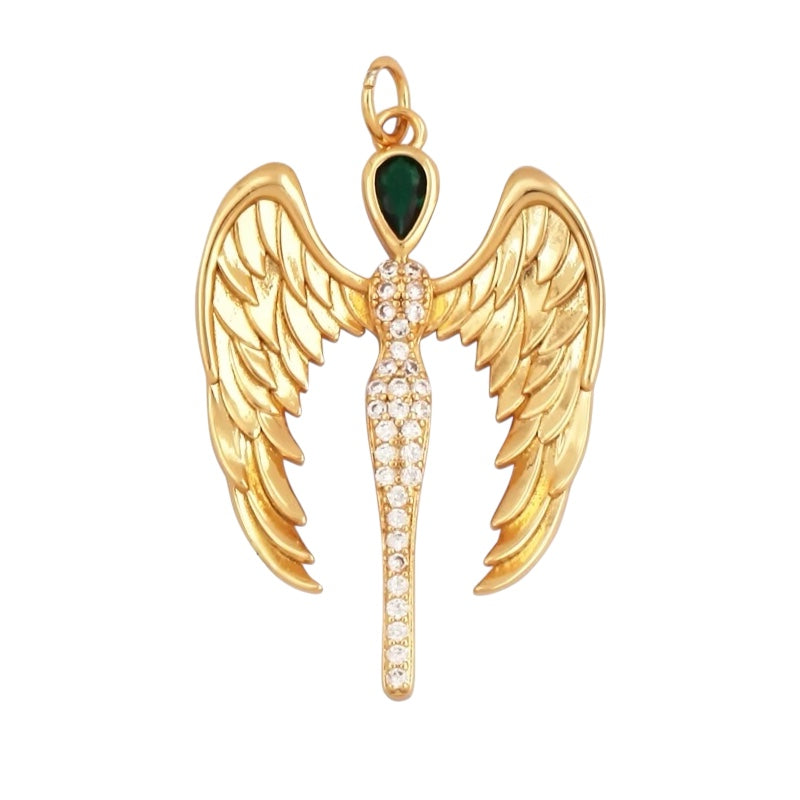 18k Gold Angel Pendant With Zirconia 37mm, 1pc