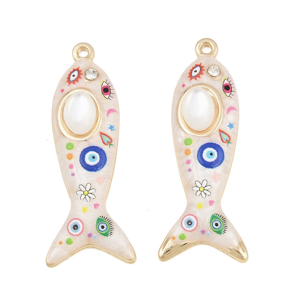 Gold-Filled Enamel Fish Pendant with Evil Eye and Rhinestone 44mm, 2pcs
