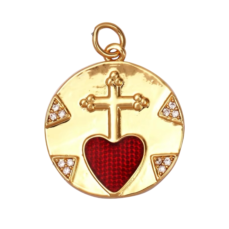 18k Gold Flat Round Heart and Cross Pendant 25mm, 1pc