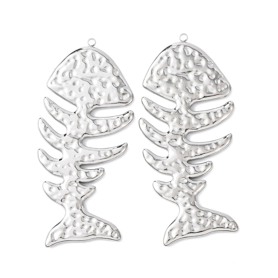 Stainless Steel Textured Fish Bone Pendant 58mm, 1pc