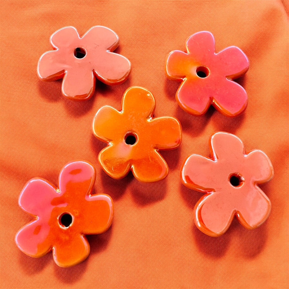 Electroplated Porcelain Flower Beads, 5pcs