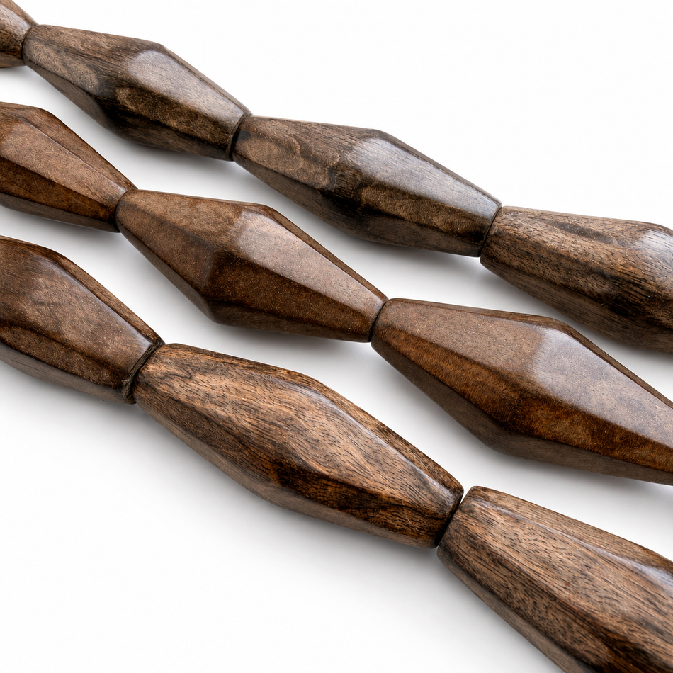 Faceted Bicone Brown Wood Bead Strand