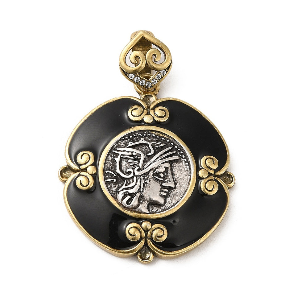 18k Gold-Plated Antique Coin Pendant with Zirconia 34mm, 1pc