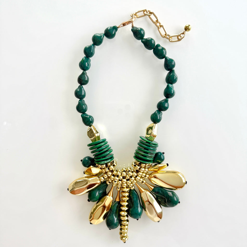 Statement Necklace featuring Green Resin Beads and Gold Details, 21inch