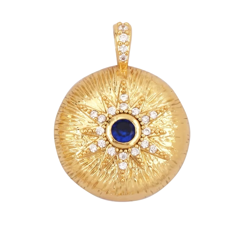 18k Gold Plated Flat Round Pendant With Blue Zirconia 22mm, 1pc
