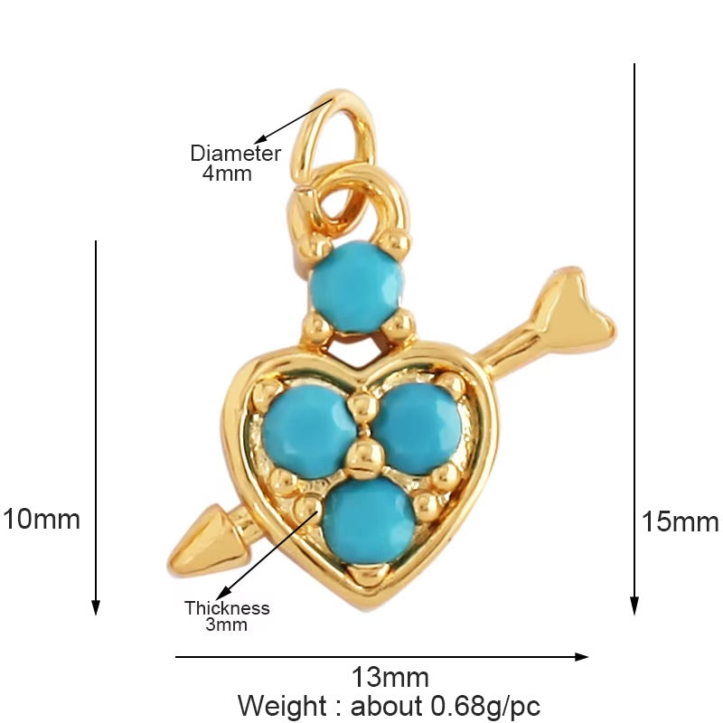 18k Gold Turquoise Heart Pendant 15mm, 1pc