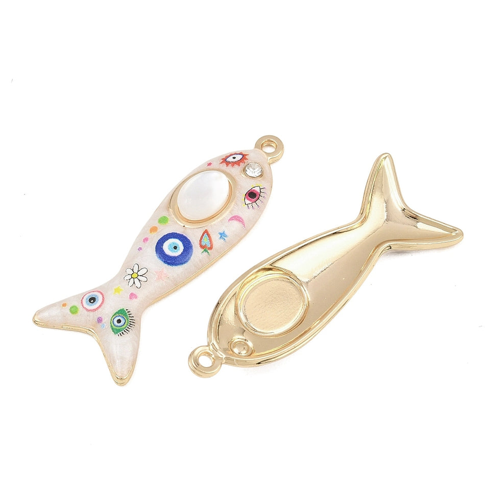 Gold-Filled Enamel Fish Pendant with Evil Eye and Rhinestone 44mm, 2pcs