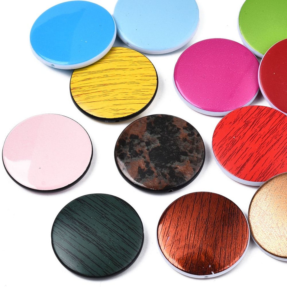 Mixed Color Flat Round Printed Acrylic Beads 31mm, 10pcs