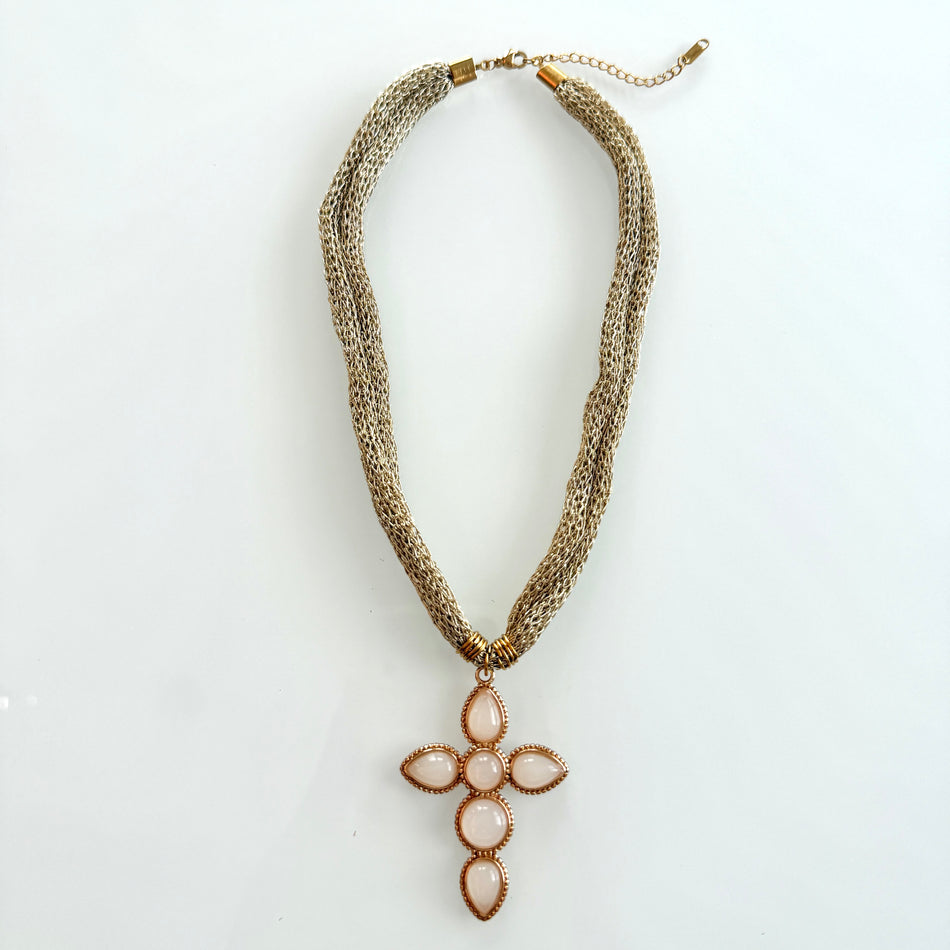 Gold Mesh Necklace with Gem Cross Pendant, 20inch